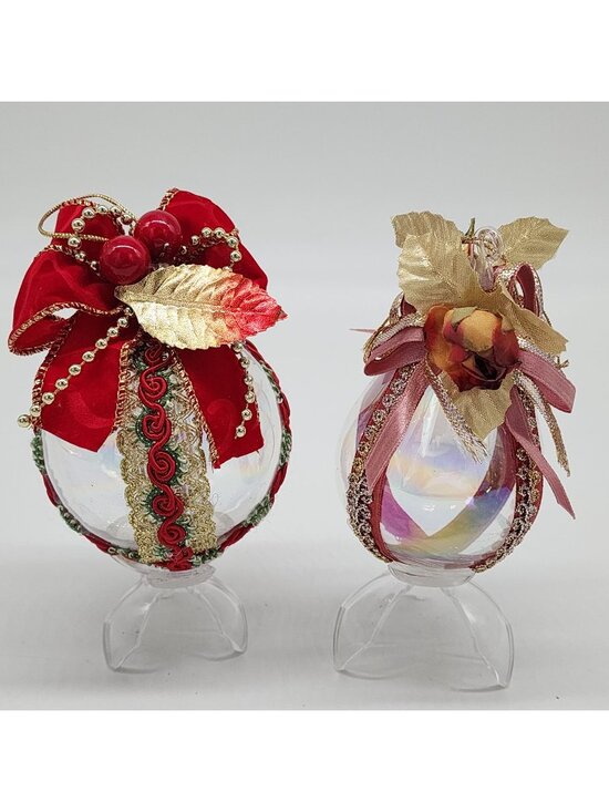 Unbranded Other - Glass Christmas Ornaments Red & Gold Ribbon Roses Berries Leaves Vintage 3"